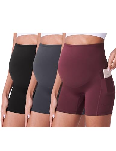 POSHDIVAH 3/4 Pack Maternity Biker Shorts Over The Belly with Pockets 5"/8" - color: Black/Grey/Wine 5", size: Small