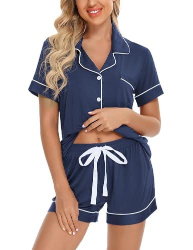 Anjue Womens Pajamas Set Short Sleeve Button Down Soft Pj Sets S-XXL - color: A Cyan, size: Medium