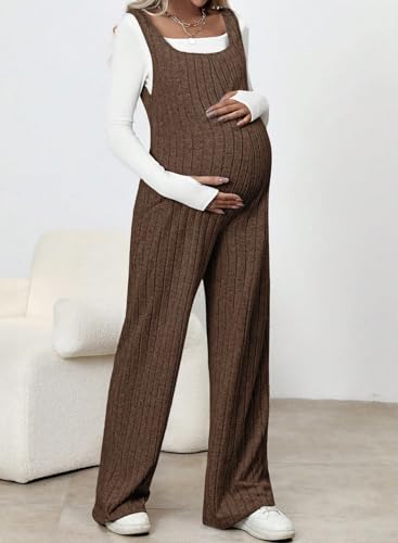 BLENCOT Maternity Jumpsuit Sleeveless Square Neck Wide Leg Pants Romper - color: Brown, size: Medium