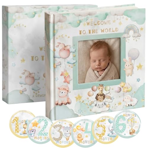 Baby Memory Book and Baby Keepsake Box - First Year Photo Album for Baby Boy or Girl - Fits 4x6 Photos - Includes 12 Baby Milestone Stickers - Gender Neutral Scrapbook Journal