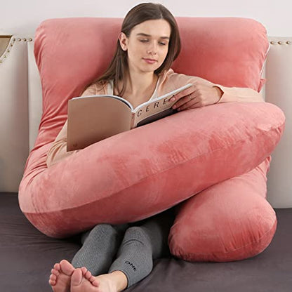 Elover U Shaped Pregnancy Pillow,Full Body Maternity Support - color: Velvet -Pink