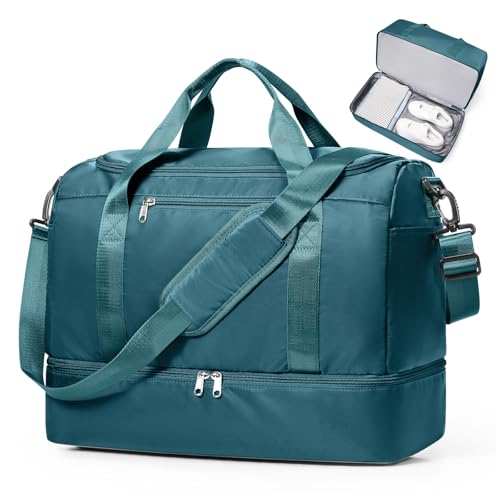 Travel Duffel Bag,Carry-On Overnight Weekender Bags with Shoes Compartment - color: Peacock Blue, size: Small