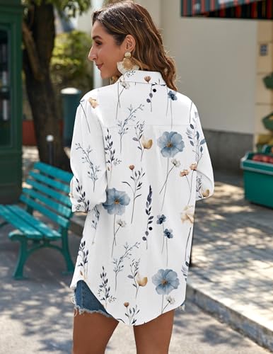 Zeagoo Womens Button Down Shirts Long Sleeve Casual Cotton Gauze Tops - color: Floral White, size: Medium