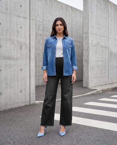 Maternity Jeans Wide Leg Baggy Denim Pants - color: Washed Black, size: Small