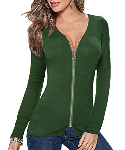 Afibi Women V Neck Zip Front Long Sleeve Casual Top Blouse Shirt/Cardigan - color: Green, size: Medium