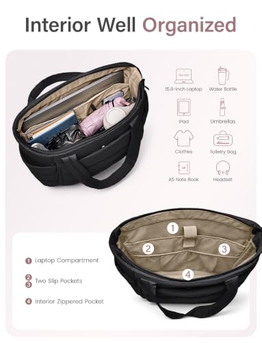 Uselike Tote Bag for Women with Zipper, Quilted Puffer Tote Bag with Compartments, Lightweight Puffy Work Bags for Women - color: Black