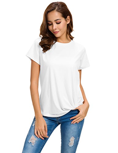 LUSMAY Womens Short Sleeve Loose Twist Knot Front T Shirts Cotton Casual Blouse - color: White, size: Medium