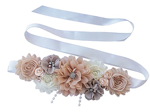 Maternity sash handmade flower sash for baby shower - color: Champagne