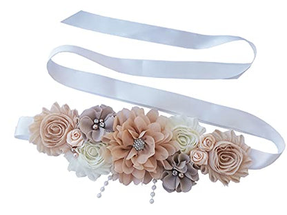 Maternity sash handmade flower sash for baby shower - color: Champagne