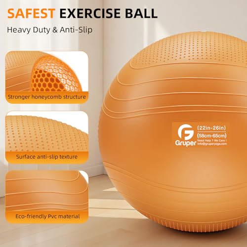 Gruper Yoga Ball, Extra Thick Non Slip Exercise Ball, 4 Sizes - color: ['Orange'], size: 26 Inch (65cm),l