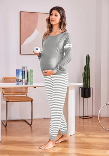 Maternity Pajamas Set Nursing Breastfeeding Postpartum Pregnancy Pjs - color: Light Grey, size: Small