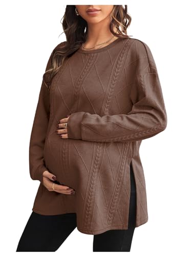 MakeMeChic Women's Maternity Sweatshirt Split Fall Maternity Clothes Tops - color: Brown, size: X-Large