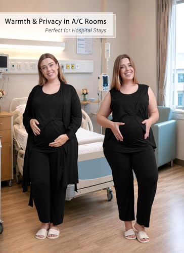 Rnxrbb 4 PCS All-Season Nursing Pajamas Robe Set Maternity Postpartum Pjs - color: Black, size: Medium