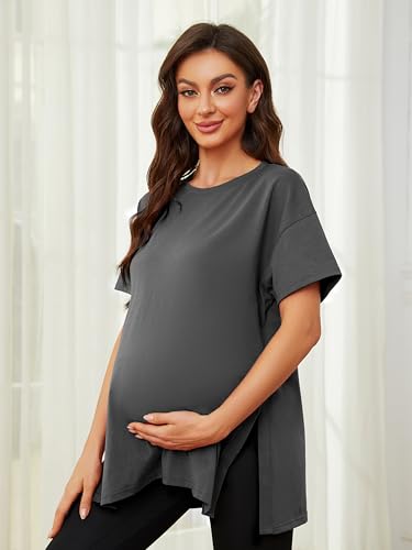 Ecavus Maternity Shirts Side Split Soft Cotton Loose Fit Pregnancy Tops - color: Dark Gray, size: Large