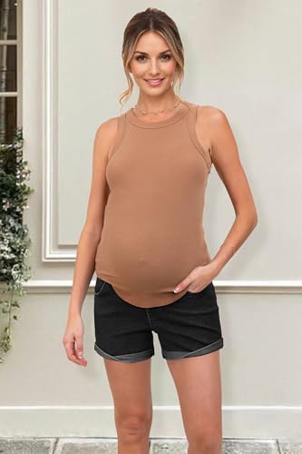 OUGES Womens Summer Maternity Denim Casual Pregnancy Shorts with Pockets - color: Black Grey, size: Medium