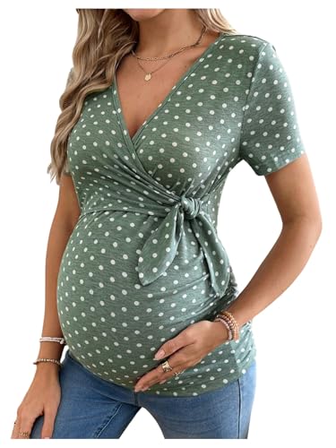 MakeMeChic Women's Maternity Polka Dots Wrap Tops V Neck Short Sleeve Business Casual Wrok Tops - size: Large