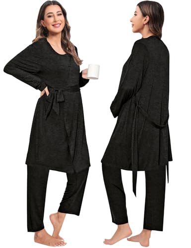 SWOMOG Maternity Nursing Robe Set 3 PCS Postpartum Breastfeeding Pajamas Hospital Pregnancy Pjs Double Layer Lounge Set - color: Black Grey, size: Medium