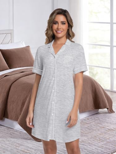 Womens Nightgown Bamboo Viscose Button Down Night Gowns - color: Marle Grey, size: X-Large