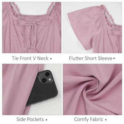 ECOWISH Womens Summer Maxi Dress 2026 Flutter Short Sleeve V Neck Tie Front Wedding Guest Vacation Tiered Flowy Dresses - color: Pink, size: Medium
