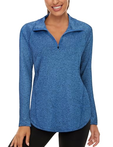 LURANEE Womens UPF 50+ Long Sleeve 1/4 Zip Pullover Athletic Hiking Running Workout Tops - color: Dark Blue, size: Small