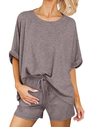 Tankaneo Womens 2 Piece Shorts Sets Oversized Short Sleeve Pajamas Sets - color: Taupe, size: X-Large