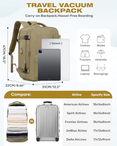 Vacuum Seal Travel Backpack Built-in Pump,Air Compression System Vacuum Vacpack Backpack Travel Bag for Women Men Carry On Suitcase Luggage Laptop Airlines Approved Daypack Space Saver Bags Khaki - color: A11-Khaki