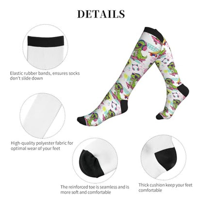 bassyil Compression Socks for Women & Men Circulation 15-20 mmHg Knee High Best Support for Nurses Travel Running Athletic - color: Dinosaur Skateboard