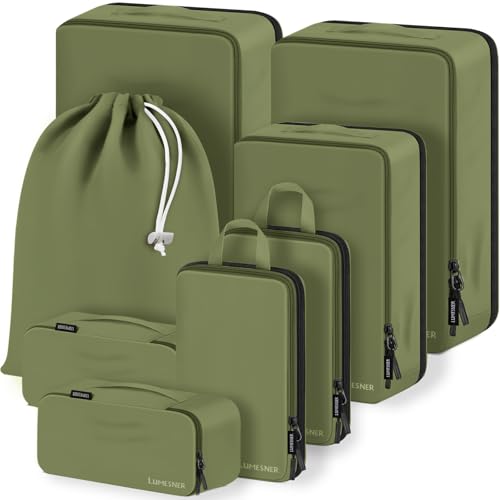 Lumesner 8 Set Compression Packing Cubes, Travel Suitcase Organizers - color: Army green
