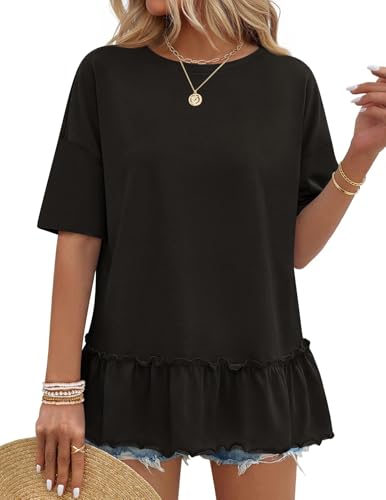 MEROKEETY Women's 2026 Summer Short Sleeve Peplum Casual Ruffle Tops - color: Black, size: X-Large