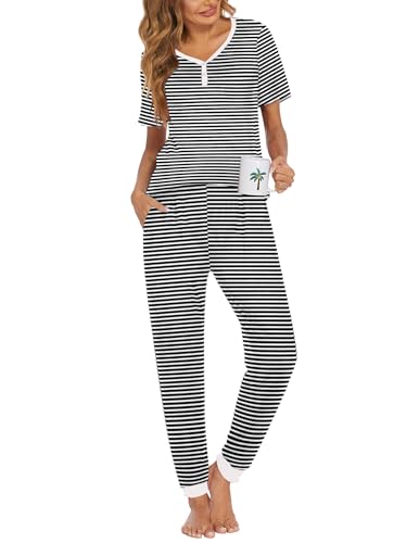 Ekouaer Pajamas for Women Set 2 Piece Fall Sleepwear with Pockets - color: Black Stripe, size: Medium