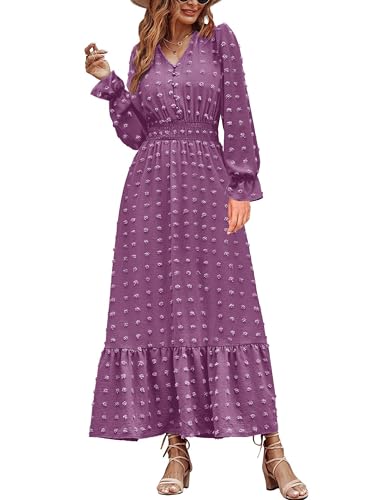CzzzyL Women Nursing Boho Maxi Dress Swiss Dot Smocked with Pockets - color: Purple, size: Large