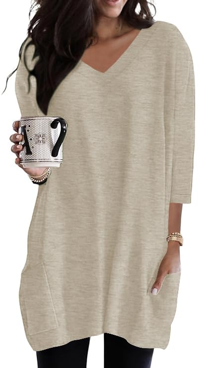 Poetsky Womens 3/4 Length Sleeve Tunic Tops for Leggings with Pockets S-3X - color: Apricot, size: Medium
