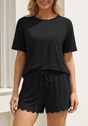 Charmo Two Piece Short Sets Women Scalloped Summer Maternity Outfits 2026 - color: Black, size: Medium