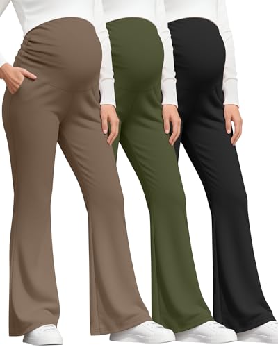 3 Pack Women's Maternity Pants Comfy Flare Trousers - color: Black, Coffee, Army Green, size: Medium