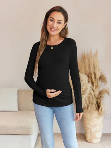 Women's Maternity Fall Tops Long Sleeve Crew Neck Ribbed Knit Slim Fitted Blouse Side Ruched Pregnancy Shirts - color: Long Sleeve-black, size: Medium