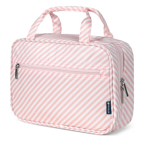 PAVILIA Hanging Toiletry Bag for Women, Portable Makeup Organizer, Pink - color: Pink Stripe