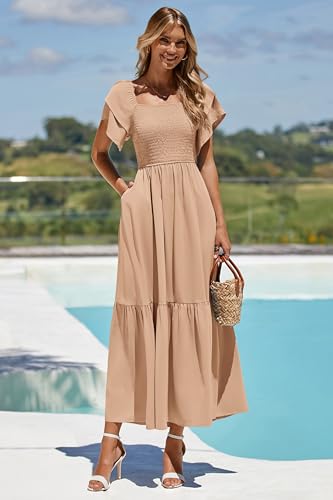 MASCOMODA Womens Summer Casual Smocked Flowy Midi Dress - color: Khaki, size: X-Large