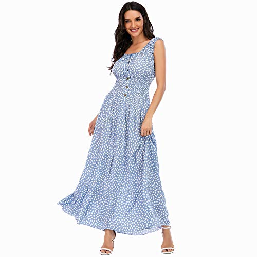 Women's 2026 Summer Boho Floral Print Tiered Casual Flowy Long Maxi Dress - color: Blue, size: Medium