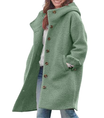 chouyatou Women's Winter Single Breasted Long Wool Coat with Hood Casual Wool Blend Trench Coat Jacket - color: Green, size: Large