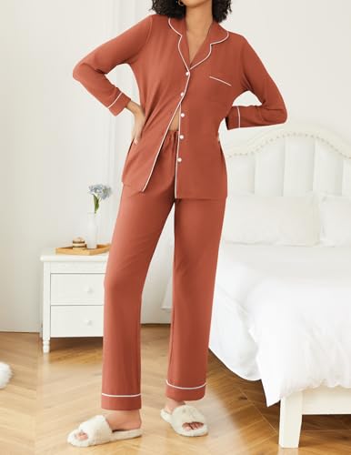 Ekouaer Womens Pajamas Set Button Down Long Sleeve Top & Pants Lounge Sets - color: Caremel, size: Large