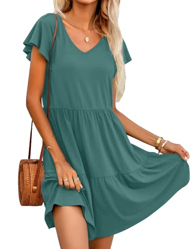 CzzzyL Women's Maternity Nursing Dress Ruffle Cap Sleeve Breastfeeding with Pockets - color: Gray Blue, size: Large