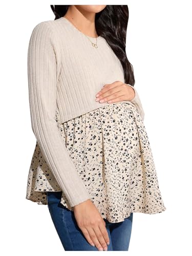 MakeMeChic Women's Maternity Shirts Floral Long Sleeve Crew Neck Nursing Casual Blouses Tops