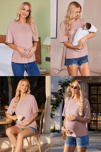 Ekouaer Maternity Shirts 3 Packs Short Sleeve Split Side Pregnancy Tops - color: Black/Army Green/Dirty Pink, size: Medium