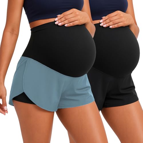 Coume 2 Pack Maternity Yoga Shorts Over Belly Pockets - color: Black/Gray Sage, size: Small