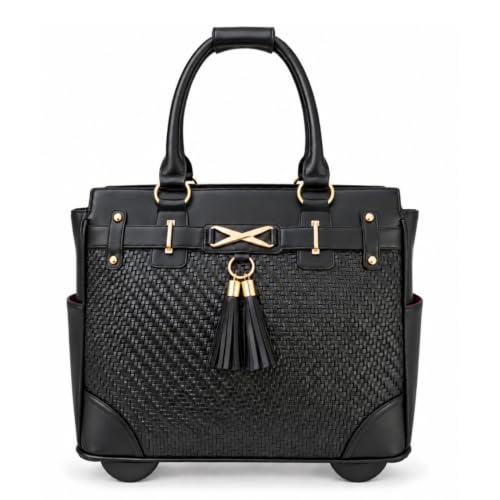 JKM & Company Rolling Laptop Bag for Women | Designer Wheeled Briefcase | Fits 13-17" Laptops | Office Travel Computer Case - color: Black (Woven)