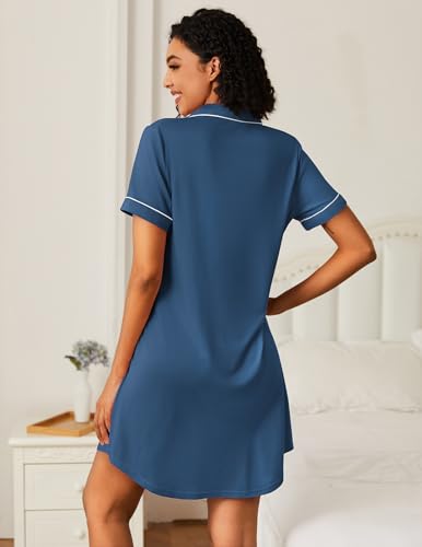 Ekouaer Nightgowns for Women Bamboo Viscose Button Down Sleepshirts - color: Blue, size: Small