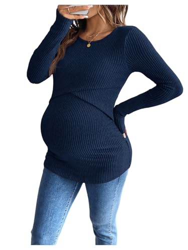 MakeMeChic Women's Maternity Shirts Nursing Top Fall Maternity Clothes - color: Dark Blue, size: Small