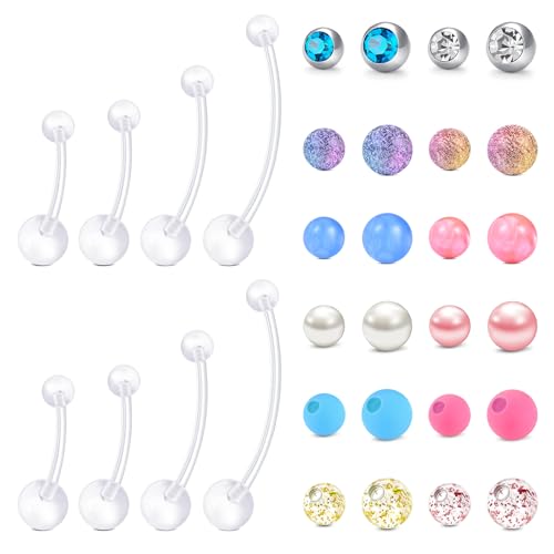 JFORYOU Pregnancy Belly Rings Maternity Navel Rings Flexible Bioplast Long Belly Button Rings Clear Navel Retainer Body Piercing for Daily Wear, Maternity Photoshoot and Beach Swimming - color: Muticolor 32PCS