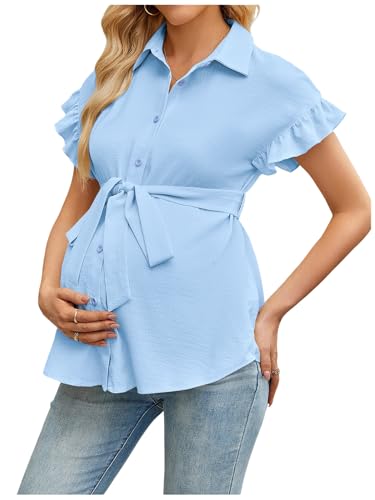 MakeMeChic Women's Maternity Nursing Work Blouse Pregnancy Ruffle Tops - color: Light Blue, size: XX-Large