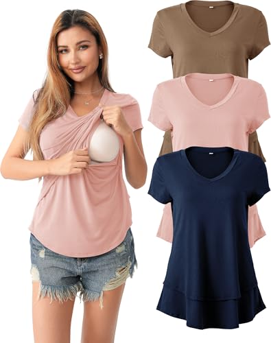 SUNNYBUY 3 Pack Maternity Nursing Tops for Postpartum Breastfeeding Shirts - color: Peach Pink+camel+deep Navy, size: X-Large